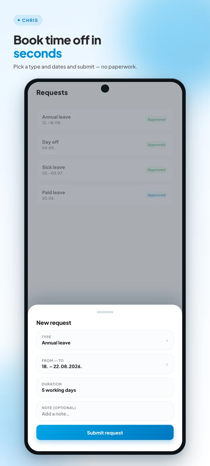 Official CHRIS Android screenshot showing a new leave request with dates and duration