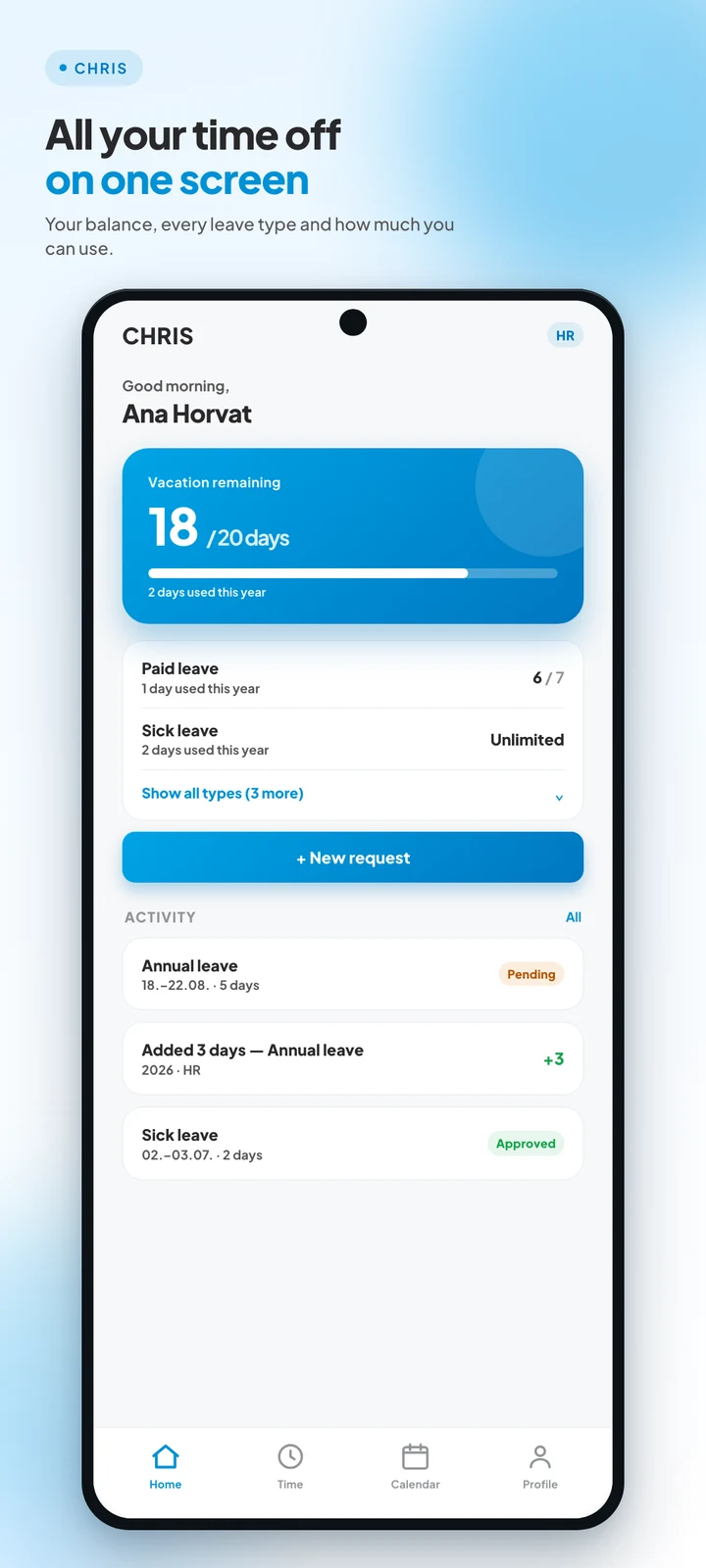 Official CHRIS Android screenshot showing leave balances and recent activity