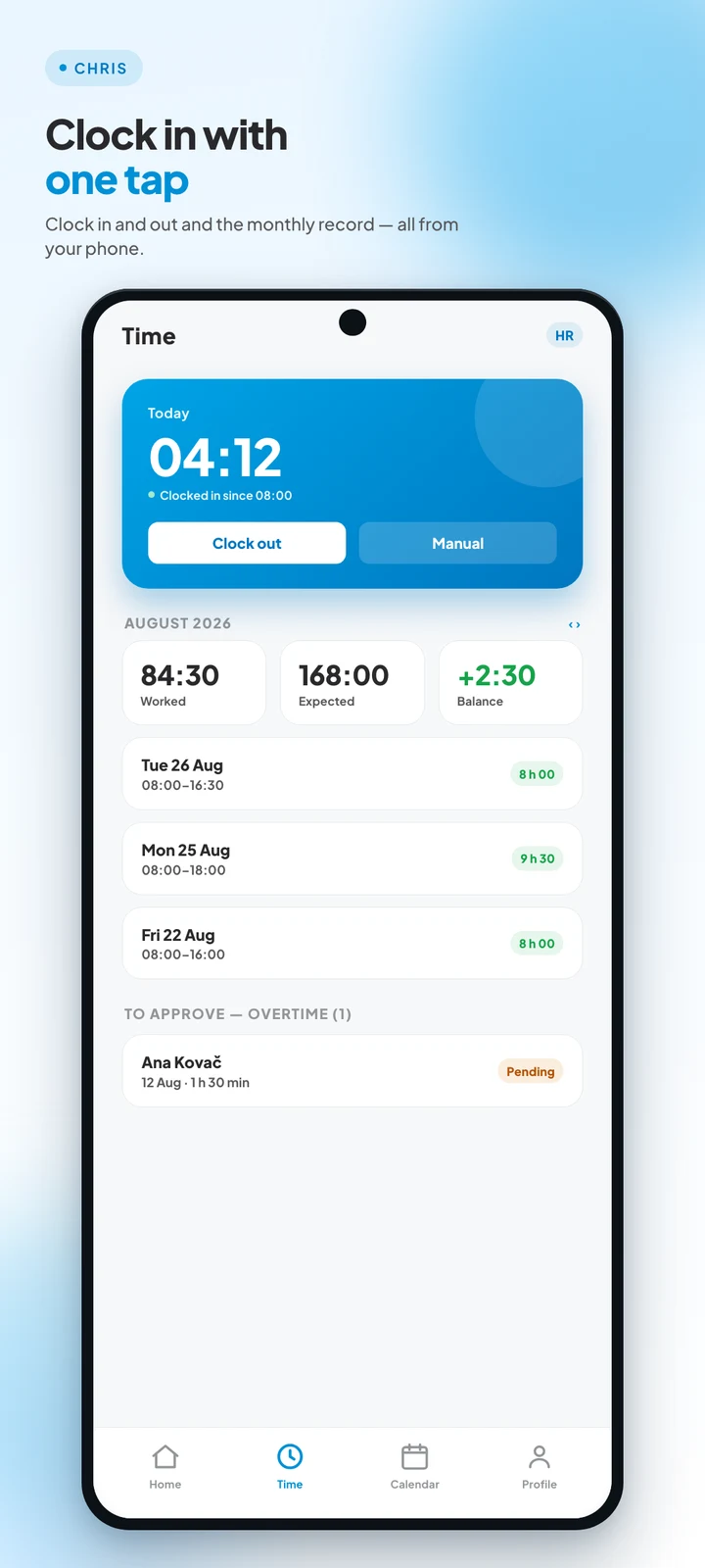 Official CHRIS Android screenshot showing clock-in and monthly working-time records