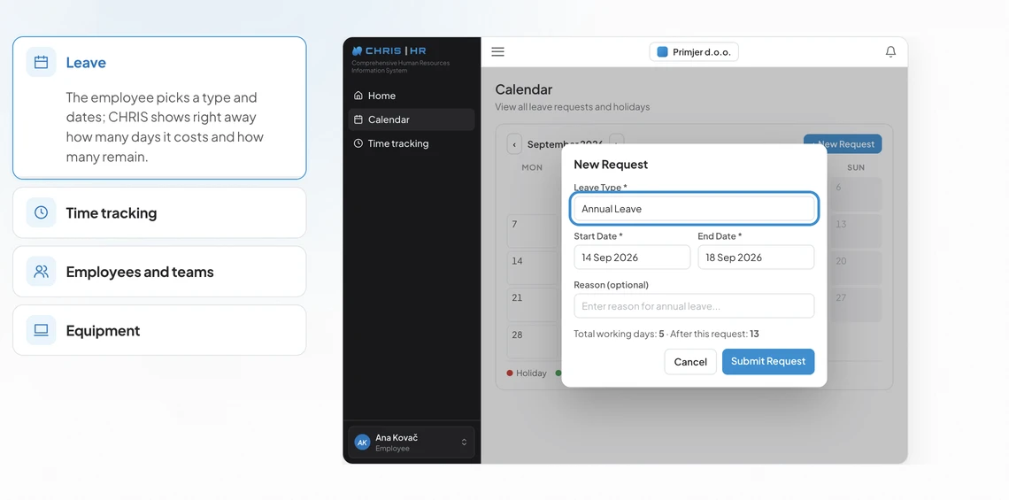 CHRIS public leave-request and team-calendar demonstration