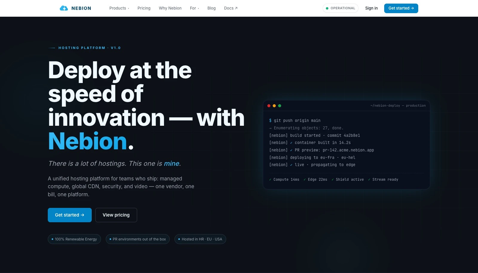 Nebion complete public website hero with its hosting message, deployment terminal demonstration, service status and navigation