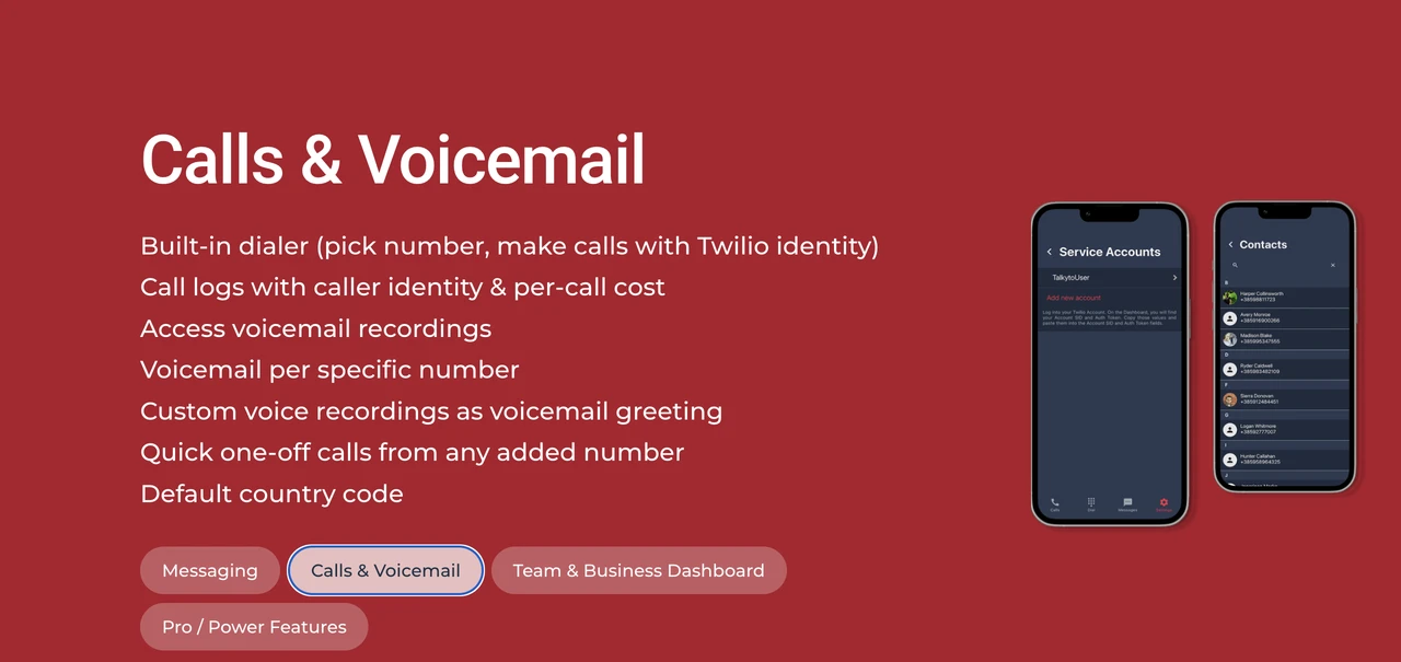Talkyto public calls and voicemail overview with account and contact artwork