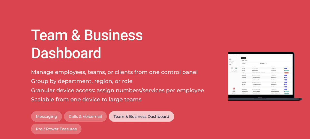 Talkyto public Business dashboard feature overview with a sample device administration table
