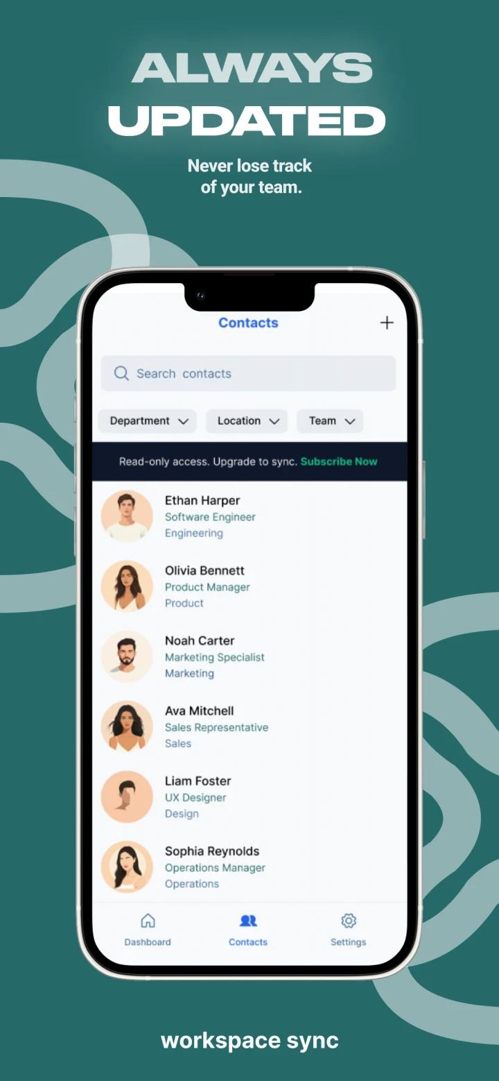 Workspace Sync official Android app-listing image showing a sample colleague directory