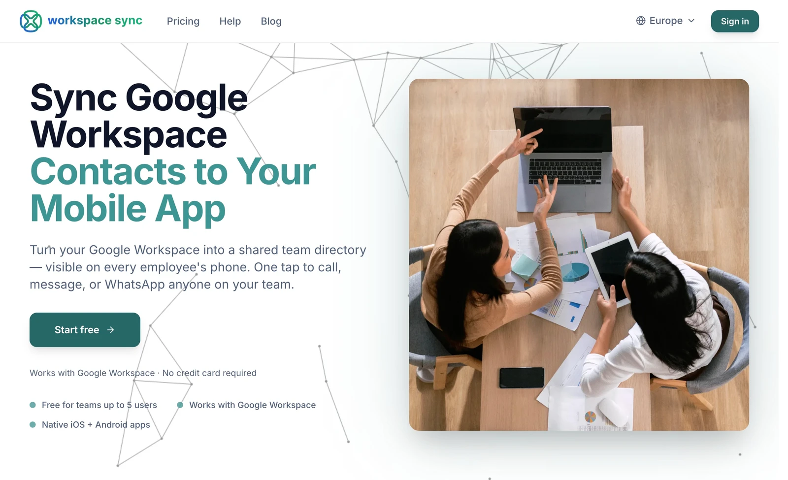 Workspace Sync complete public website hero with its Google Workspace directory message, team photograph and animated network background