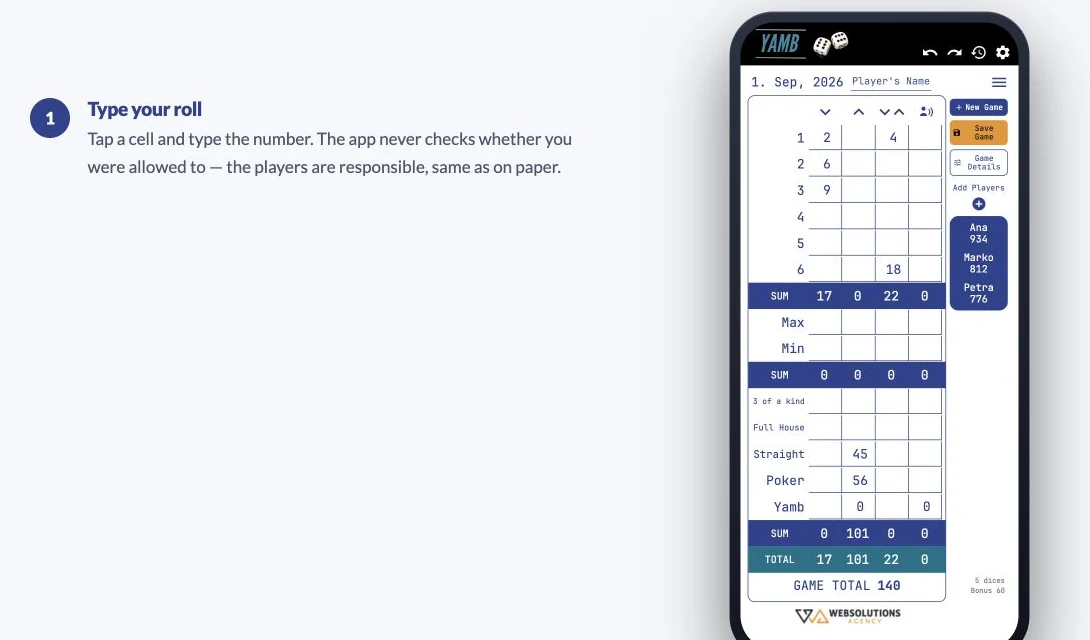 Current Yamb Notes website walkthrough showing an example scorecard and scoring steps