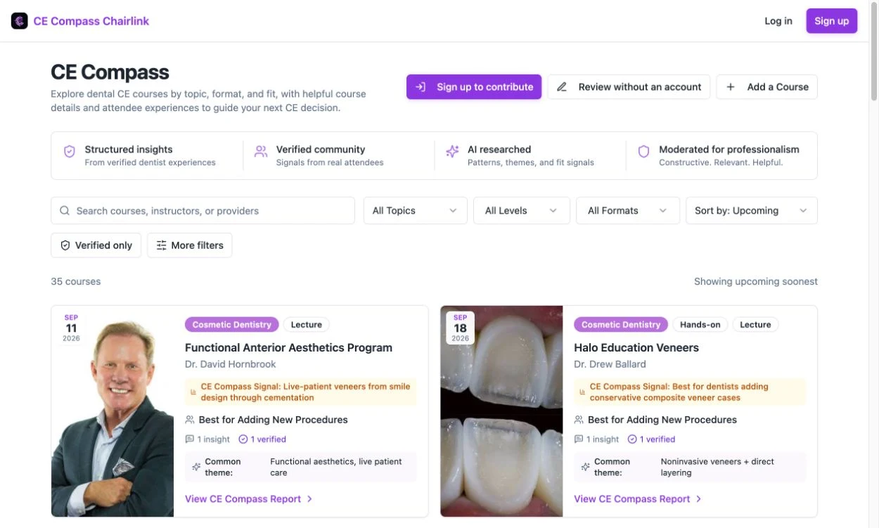 Chairlink CE Compass showing dental course discovery, topic and format filters, and course reports from its public application