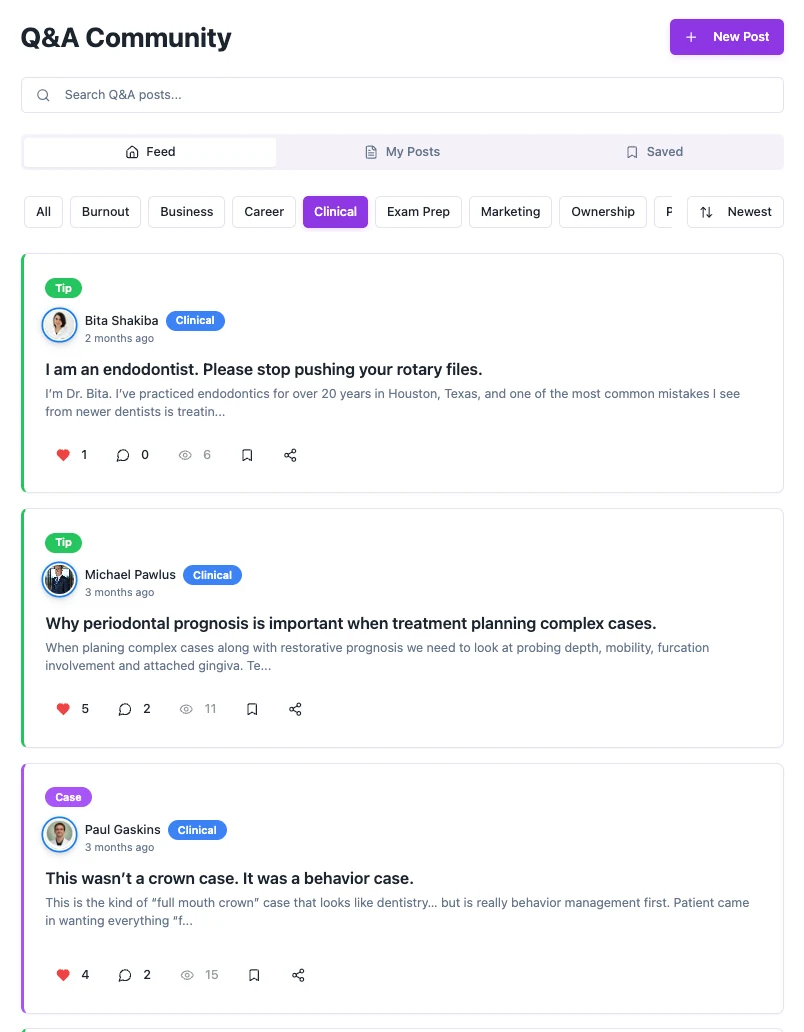 Chairlink’s published Q&A community view with topic filters, peer posts and saved discussions