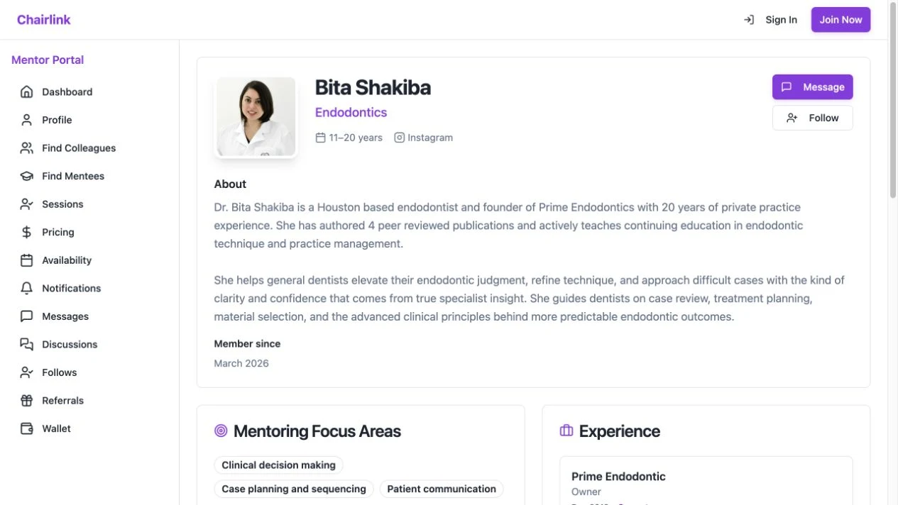 A public Chairlink mentor profile showing professional experience, mentoring focus and the platform’s session, pricing and availability navigation