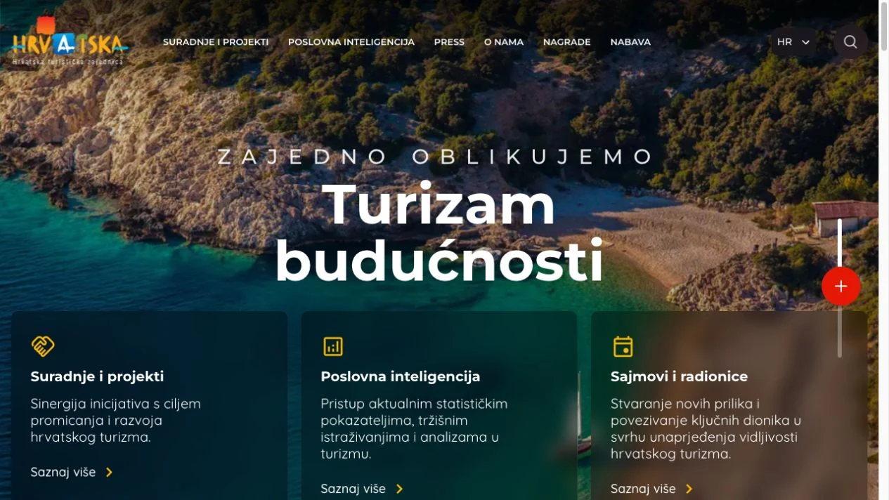 The HTZ business portal homepage with Croatian National Tourist Board branding and entry points for partnerships, business intelligence, fairs and workshops