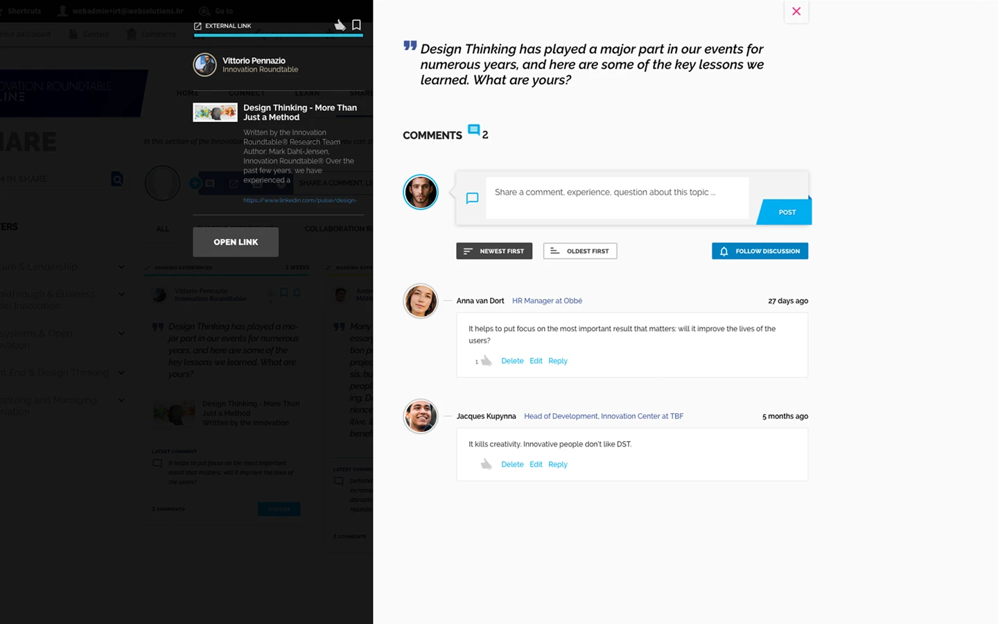 Original Innovation Roundtable Share interface with a professional discussion, comments, reply controls and a follow-discussion button