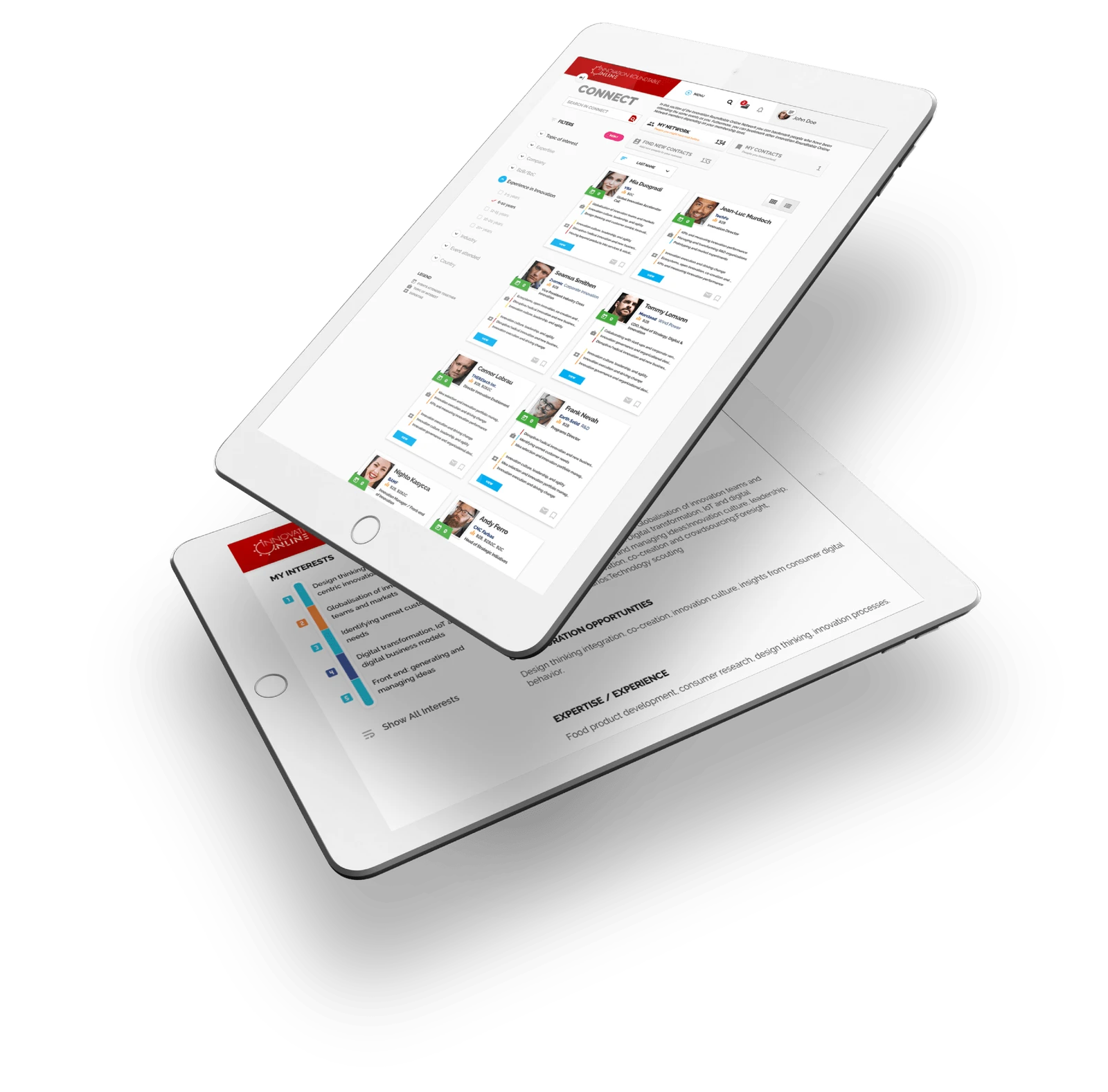 Official Innovation Roundtable tablet composition showing member discovery and professional profiles with expertise and interests