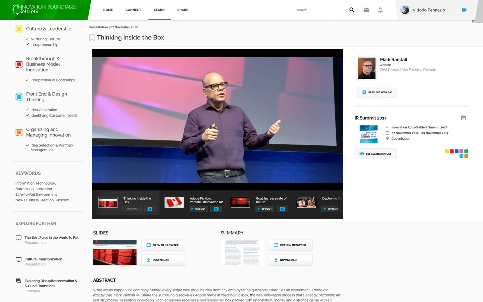 Original Innovation Roundtable video page showing a presentation, chapter navigation, speaker and event details, and downloadable slides and summary
