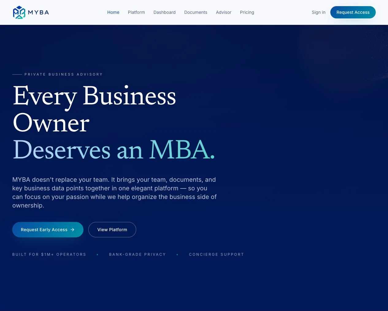 MYBA website presenting its private business advisory platform for business owners
