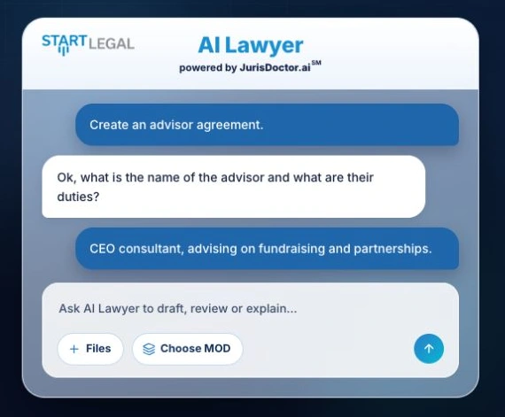 StartLegal’s public AI Lawyer demo showing a conversation about drafting an advisor agreement
