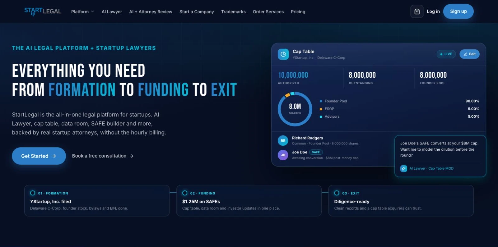 StartLegal website showing its legal platform for founders and a cap table preview
