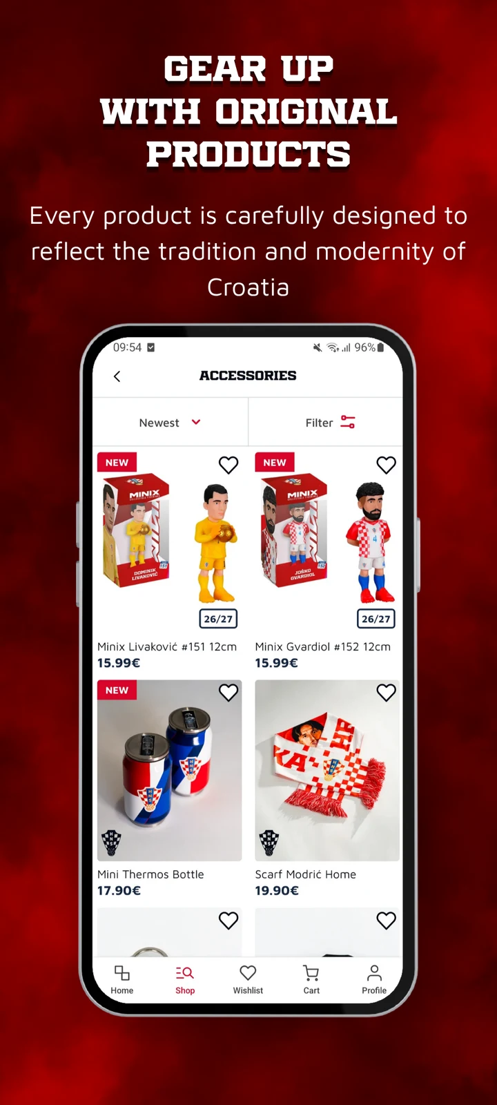 Official HNS Android app artwork showing the accessories catalogue and saved-product controls