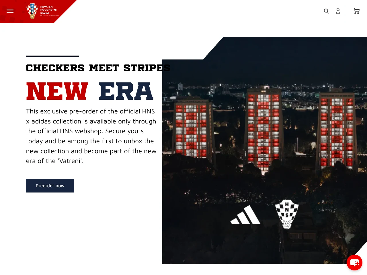 The official HNS webshop presenting the HNS x adidas collection with Croatian checkerboard buildings