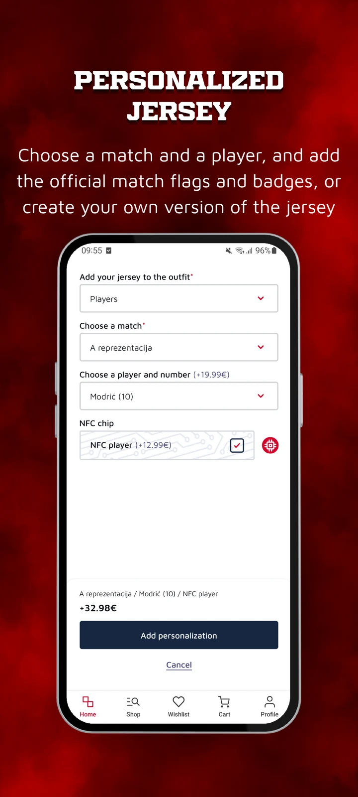 Official HNS Android app artwork showing jersey personalization with player and match selection