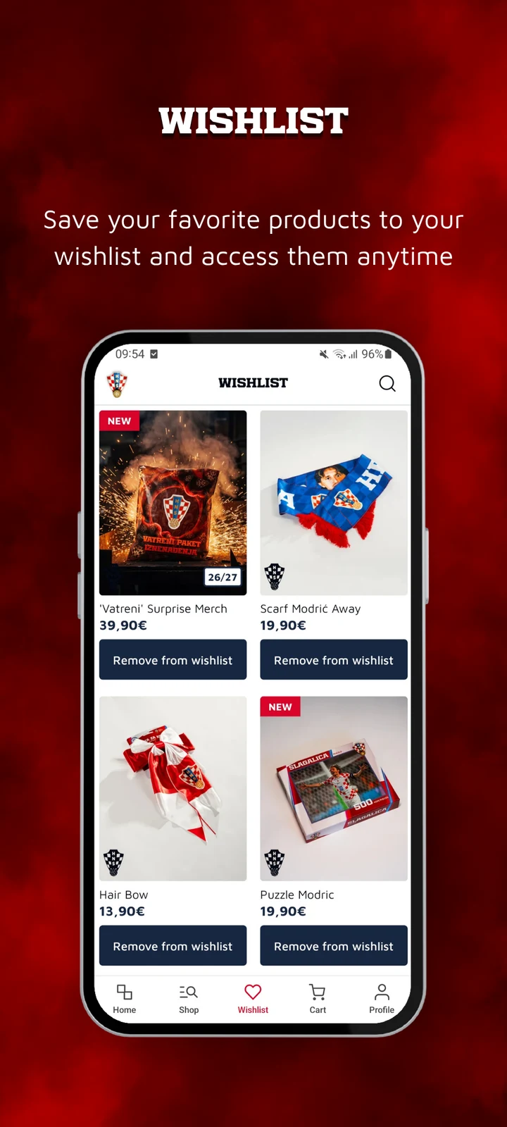 Official HNS Android app artwork showing merchandise saved to a wishlist